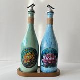 Mes Reves Design Özel Tasarım Desenli Sunum Stantlı 2'li 750 ml Zeytinyağı Sıvıyağ Şişesi Yağdanlık Yağlık - Yeşil - Mavi