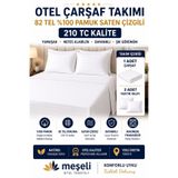 MEŞELİ TEKSTİL Lüks Pamuk Saten Çift Kişilik Çizgili Lastikli Otel Çarşaf Takımı 82 tel 1 Çarşaf + 2 Yastık Kılıfı