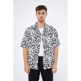 Mesfeno Clothing Mesfeno Baskılı Oversize Erkek Gömlek, %100 Viskon Yumuşak Tuşe Kumaş, Küba Yaka Kısa Kollu Gömlek - Krem