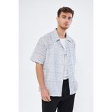 Mesfeno Clothing Mesfeno Baskılı Oversize Erkek Gömlek, Viskon Yumuşak Tuşe Kumaş, Küba Yaka Kısa Kollu Gömlek - Beyaz