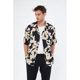 Mesfeno Clothing Mesfeno Baskılı Oversize Erkek Gömlek, Viskon Yumuşak Tuşe Kumaş, Küba Yaka Kısa Kollu Gömlek - Ekru