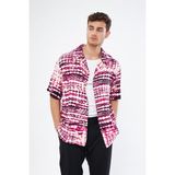 Mesfeno Clothing Mesfeno Baskılı Oversize Erkek Gömlek, Viskon Yumuşak Tuşe Kumaş, Küba Yaka Kısa Kollu Gömlek - Mor