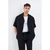 Mesfeno Clothing Mesfeno Baskılı Oversize Erkek Gömlek, Viskon Yumuşak Tuşe Kumaş, Küba Yaka Kısa Kollu Gömlek - Siyah