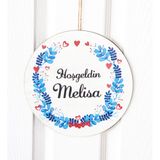 Meşgalem Kırmızı Kalp ve Mavi Çiçek Temalı Kişiye Özel Kapı Süsü