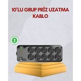 Mestore 10 Prizli Uzatma Kablosu Termal Koruma USB Type-C Hızlı Şarj 2500W