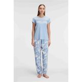 Mestore Arias Closet Kısa Kol Bisiklet Yaka Kadın Viskon Çiçek Desenli Yazlık Örme Dantel Detaylı Pijama Takımı - Mavi - XL