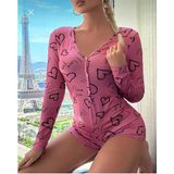 Mestore Arias Closet Pamuklu Pembe Siyah Kalp Desenli Düğmeli Uzun Kol Tulum Pijama - L - XL