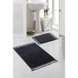 Meta Halı Yıkanabilir Premium Ponpon Saçaklı Kaymaz Taban Post Peluş Banyo Paspası 2'li Takım Bej mt - Antrasit