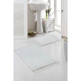 Meta Halı Yıkanabilir Premium Ponpon Saçaklı Kaymaz Taban Post Peluş Banyo Paspası 2'li Takım Bej mt - Beyaz