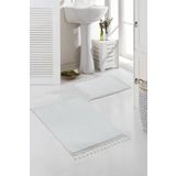 Meta Halı Yıkanabilir Premium Ponpon Saçaklı Kaymaz Taban Post Peluş Banyo Paspası 2'li Takım Beyaz Mt
