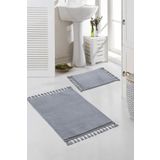 Meta Halı Yıkanabilir Premium Ponpon Saçaklı Kaymaz Taban Post Peluş Banyo Paspası 2'li Takım Gri Mt