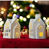 METADESİNG Kış Evleri Dekoratif Noel Tealight Mumluk, Modern Tarz, Plastik, Beyaz, 2 Parça Set