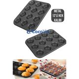 Metal 12'li Muffin Kek Kalıbı, Yanmaz Yapışmaz Kek Pasta Kurabiye Kalıbı Cupcake Kapsülü