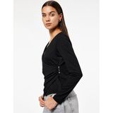 Metal Aksesuarlı Uzun Kollu Slim Fit Bürümcük Kruvaze Yaka Bluz