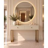 Metal Ayaklı Led Aynalı Makyaj Masası - Bej Mdf 2 Çekmeceli Dresuar