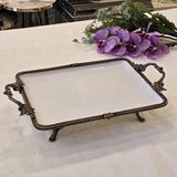 Metal Çerçeveli Dikdörtgen Porselen Servis Tabağı 30X22 cm Antik - 30 x 22 cm