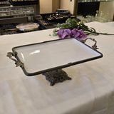 Metal Çerçeveli Döküm Ayaklı Dikdörtgen Porselen Servis Tabağı 35X26 cm Antik - 35 x 26 cm