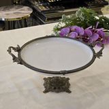 Metal Çerçeveli Döküm Ayaklı Yuvarlak Porselen Servis Tabağı 25 cm Antik
