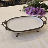 Metal Çerçeveli Oval Porselen Servis Tabağı 25X15 cm Antik - 25 x 15 cm