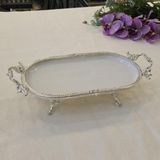 Metal Çerçeveli Oval Porselen Servis Tabağı 25X15 cm Gümüş - 25 x 15 cm