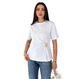 Metal Detaylı Drapeli Tişört – Beige Chic, beyaz, l