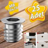 Metal Duz Disli Dubel Ahsap Dubeli M8 10X15 Dis Cinko Mobilya Baglanti Unite Birlestirme (25 Adet)
