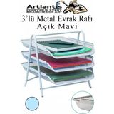 Metal Evrak Rafı 3 Lü 1 Paket Masa Üstü A4 Dosya Düzenleyici Kağıt Tepsisi Metal Fileli Üç Katlı Hareketli Perfore - Açık Mavi