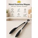 Metal Kızartma Maşası Silikon Uçlu Maşa Siyah Renk Kilit Sistemli