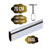 Metal Oval Krom Mobilya Dolap Askı Borusu(Krom)(Oval)(2 Adet Ayaklı Açık Flanş-1 Adet Boru) Krom 70Cm