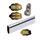 Metal Oval Krom Mobilya Dolap Askı Borusu(Krom)(Oval)(2 Adet Flanş-1 Adet Boru)(Boy:30mm En:15mm) Krom 100Cm