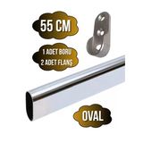 Metal Oval Krom Mobilya Dolap Askı Borusu(Krom)(Oval)(2 Adet Flanş-1 Adet Boru)(Boy:30mm En:15mm) Krom 55Cm