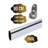 Metal Oval Krom Mobilya Dolap Askı Borusu(Krom)(Oval)(2 Adet Flanş-1 Adet Boru)(Boy:30mm En:15mm) Krom 90Cm