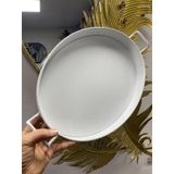Metal Oval Tepsi, Beyaz, 36 cm, Kulplu, Dekoratif Servis Tepsisi