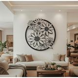 Metal Papatya Çiçek Duvar Sanatı Heykel Ev Ofis Dekorasyonu (Siyah, 30"x30" / 76x76 cm)
