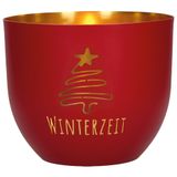 Metal rüzgar feneri – Kış zamanı. Altın gravürlü koyu kırmızı şamdan ile rahat bir atmosfer. Sade mum ışığı için tealight mumluk