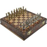 Metal Satranç Takımı/seti;büyük,ingiliz,parlak ve Sandıklı Masif Ahşap Satranç Tahtası - 10 cm
