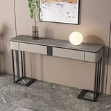 Metal tabanlı giriş konsolu masası, kanepe arkasında raflı ince koridor masası, modern gri giriş konsolu masası, depolama raflı, 2 çekmece, TV dolabı, masa