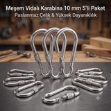 Metal Vidalı Karabina 10 mm 5'li Paket - Kalın Çelik Yük Taşıma Kancası, Dağcılık ve Taktik Askı Aparatı