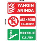 Metal Yangın Anında Asansörü Kullanmayın Merdivenleri 20CM x 30CM A4 Büyüklüğünde Uyarı Levhası Yön - 20 cm x 30 cm