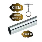 Metal Yuvarlak Krom Mobilya Dolap Askı Borusu(2 Adet Ayaklı Açık Flanş-1 Adet Boru)(Krom)(Çap:25mm) Krom 80Cm