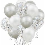 Metalik gümüş beyaz gümüş konfetili şeffaf balon 12 inç 15 adet