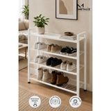 Metaliz Loft 4 Katlı Siyah Metal Ayakkabılık, Beyaz Ahşap Mdf Tablalı, Çok Amaçlı Ayakkabı Düzenleyici, 77X30X70 cm
