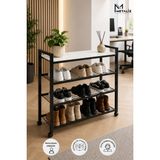 Metaliz Loft 4 Katlı Siyah Tekerli Metal Ayakkabılık, Beyaz Ahşap Mdf Tablalı, Tekerlekli Çok Amaçlı Ayakkabı Düzenleyici, 77X30X70 cm