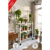 Metaliz Tekerlekli Metal Saksı Standı Ve Bitki Askılığı - 3 Raflı Portatif Çiçek Rafı Beyaz