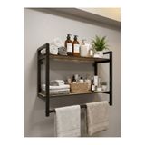 METALİZ YENİLİKÇİ TASARIMLAR Banyo Düzenleyici Havluluklu Metal Duvar Rafı Dekoratif Siyah Metal Çerçeveli Meşe Desenli Raf