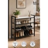 METALİZ YENİLİKÇİ TASARIMLAR Loft 4 Katlı Siyah Metal Ayakkabılık, Beyaz Ahşap Mdf Tablalı, Çok Amaçlı Ayakkabı Düzenleyici, 77x30x70 cm