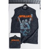 Metallica Rock Baskılı Yıkamalı Kolsuz Tişört, Unisex Rock Band Temalı Sıfır Kollu Vintage Atlet - Siyah - 2XL