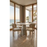 metallion Lidya Serisi 100x100 cm 4 Kişilik Yemek Masası Takımı – Krem Soft Polar Kumaş Sandalyeli | Modern MDF Lak Panel