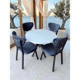 Metallion Soren Serisi Yuvarlak 90X90 cm 4 Kişilik Mutfak Masası Takımı – 1. Sınıf Beyaz Masa, Baby Face Antrasit Kumaş Sandalye, Metal Ayak – 4 Sandalye