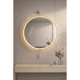 MetaQuartz Aksesuar Kablosuz Ledli Krem Masive Ayna 50x75 cm , Modern Metal Ledli Duvar Aynası